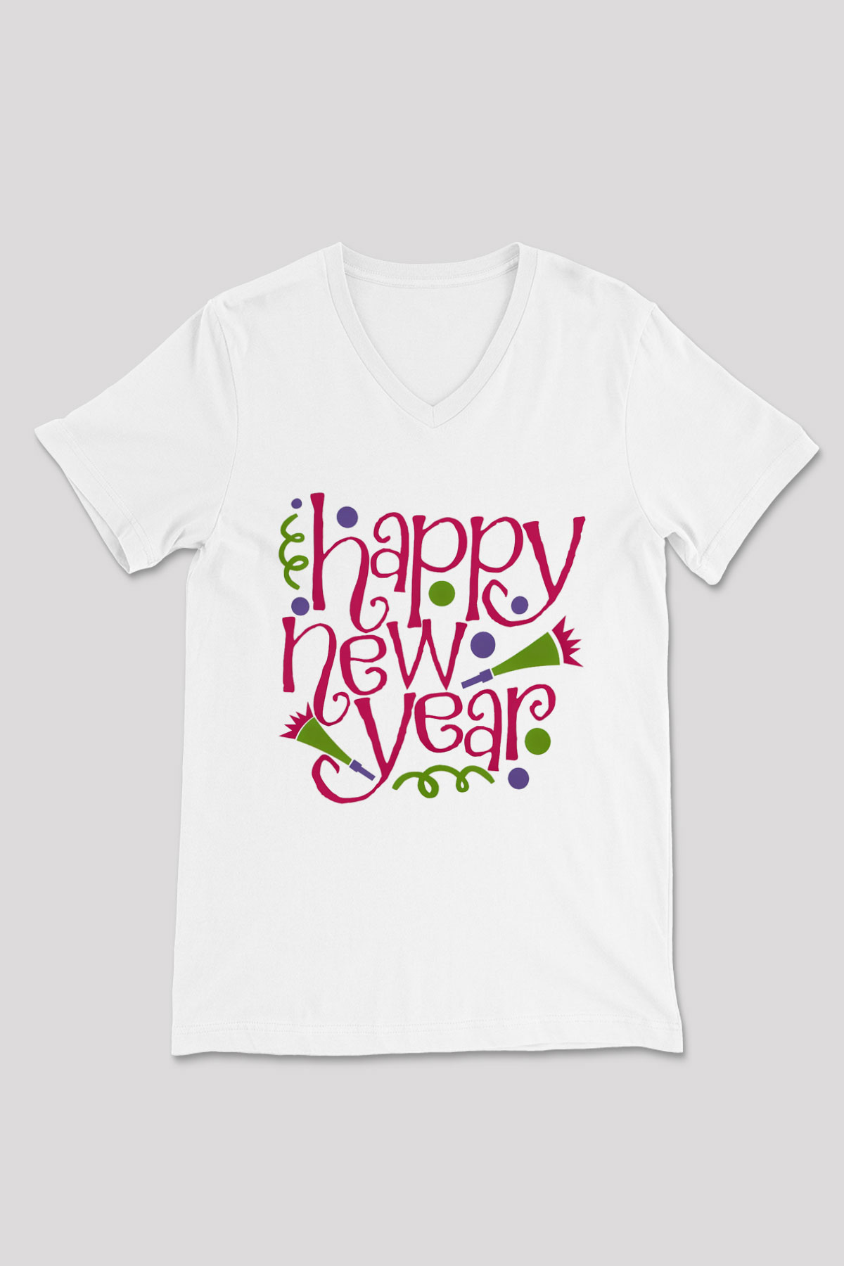 Yılbaşı Beyaz Unisex V Yaka Tişört T-Shirt