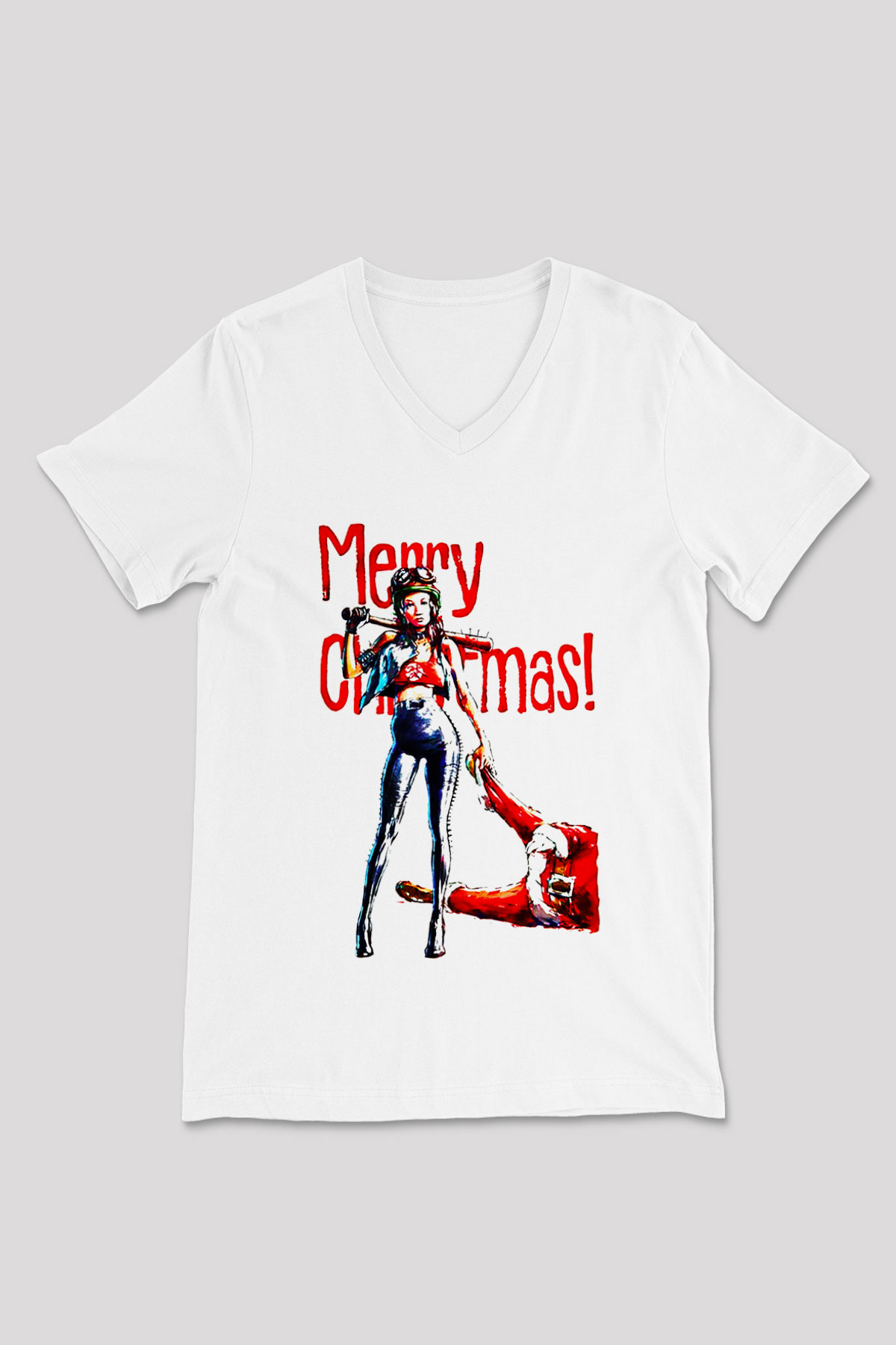 Yılbaşı Yeni Yıl Christmas Beyaz Unisex V Yaka Tişört T-Shirt