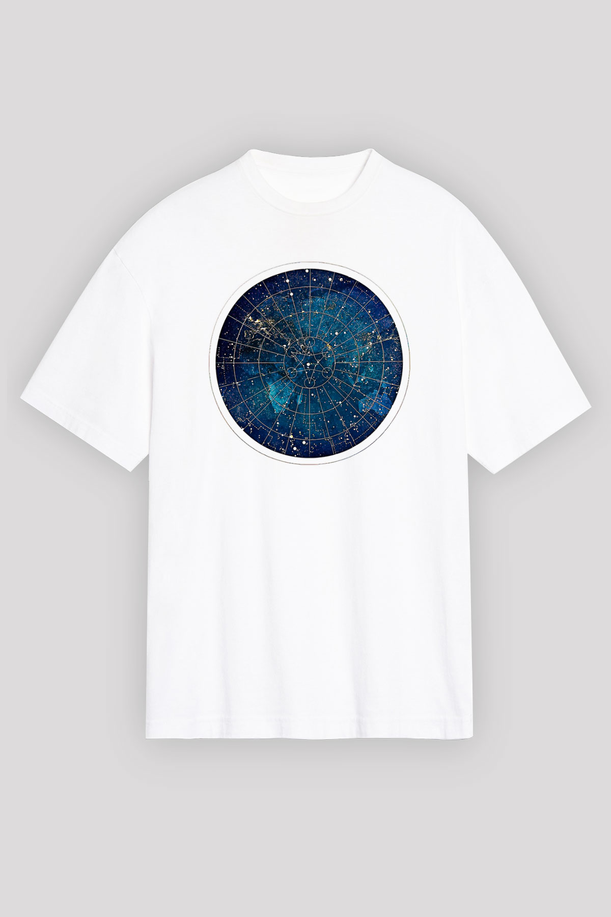 Yıldız Haritaları Baskılı Beyaz Unisex Oversize Tişört - Tshirt