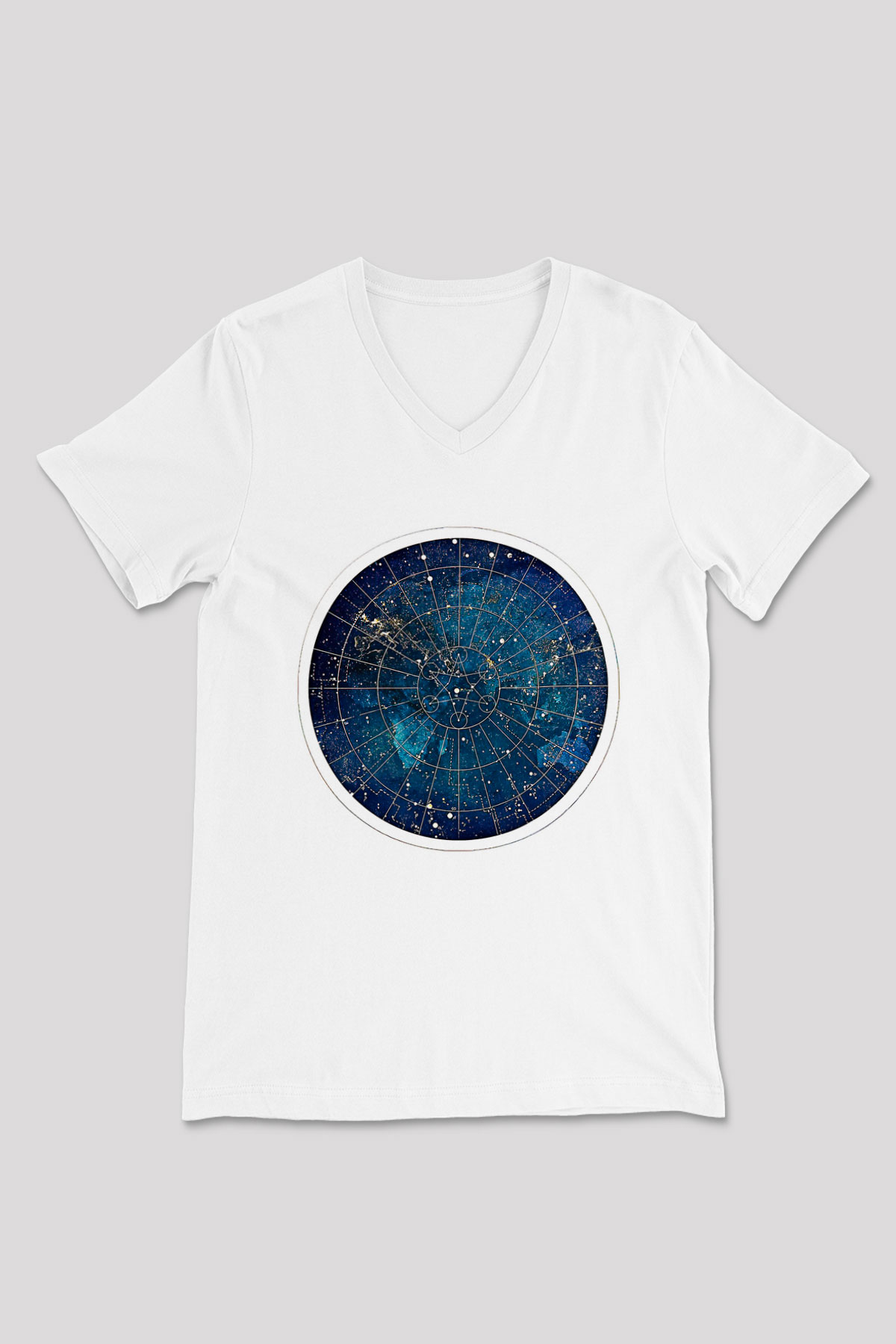 Yıldız Haritaları Baskılı Beyaz Unisex V Yaka Tişört - Tshirt