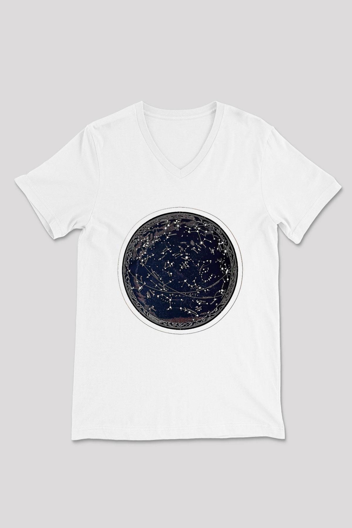 Yıldız Haritaları Baskılı Beyaz Unisex V Yaka Tişört - Tshirt