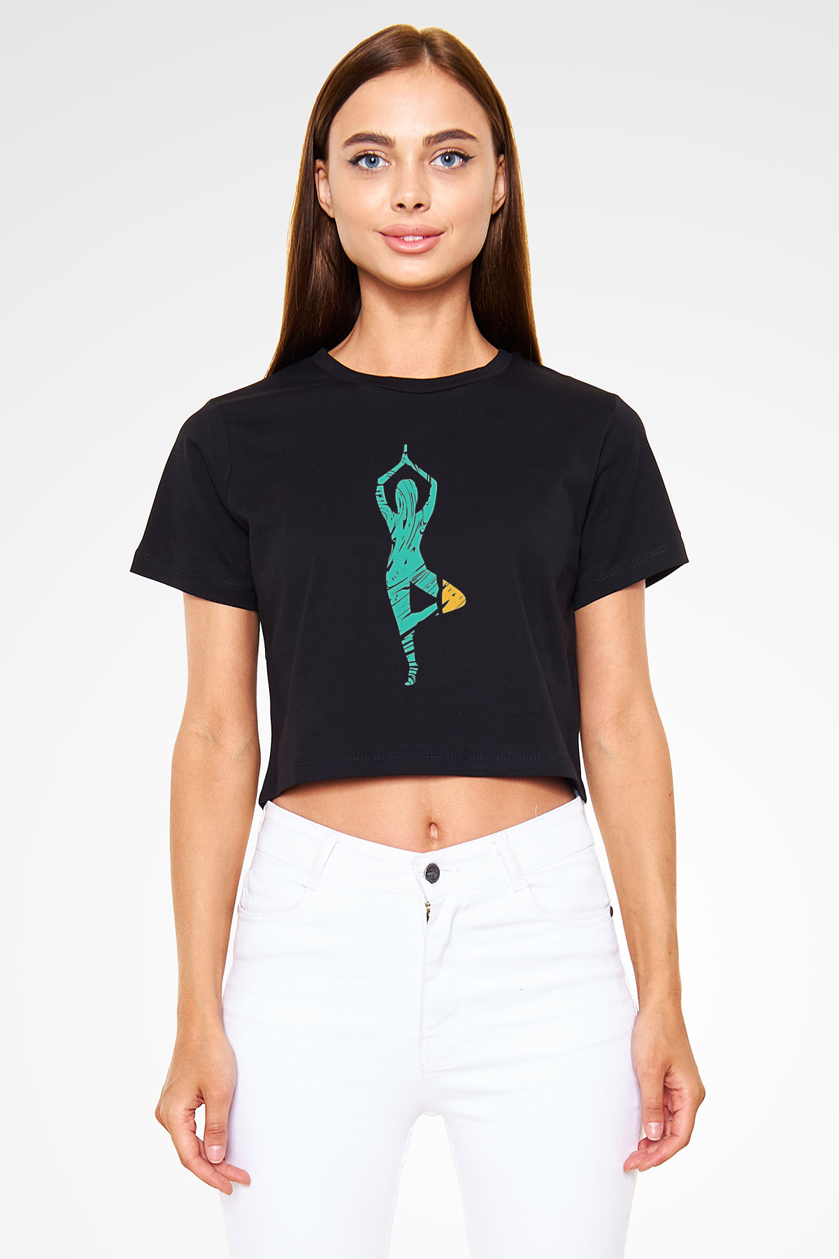 Yoga Baskılı Crop Top Siyah Kadın Tişört - Tshirt