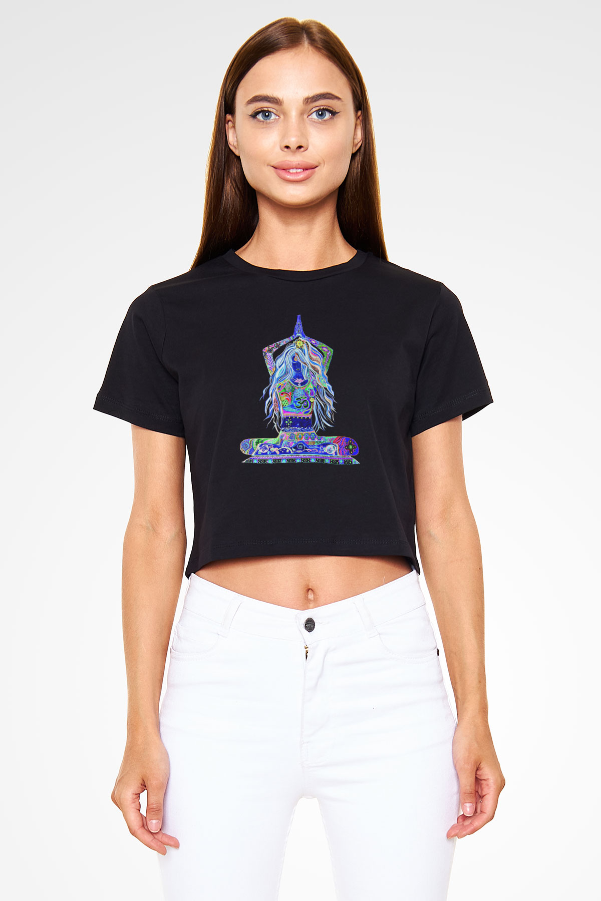 Yoga Baskılı Crop Top Siyah Kadın Tişört - Tshirt