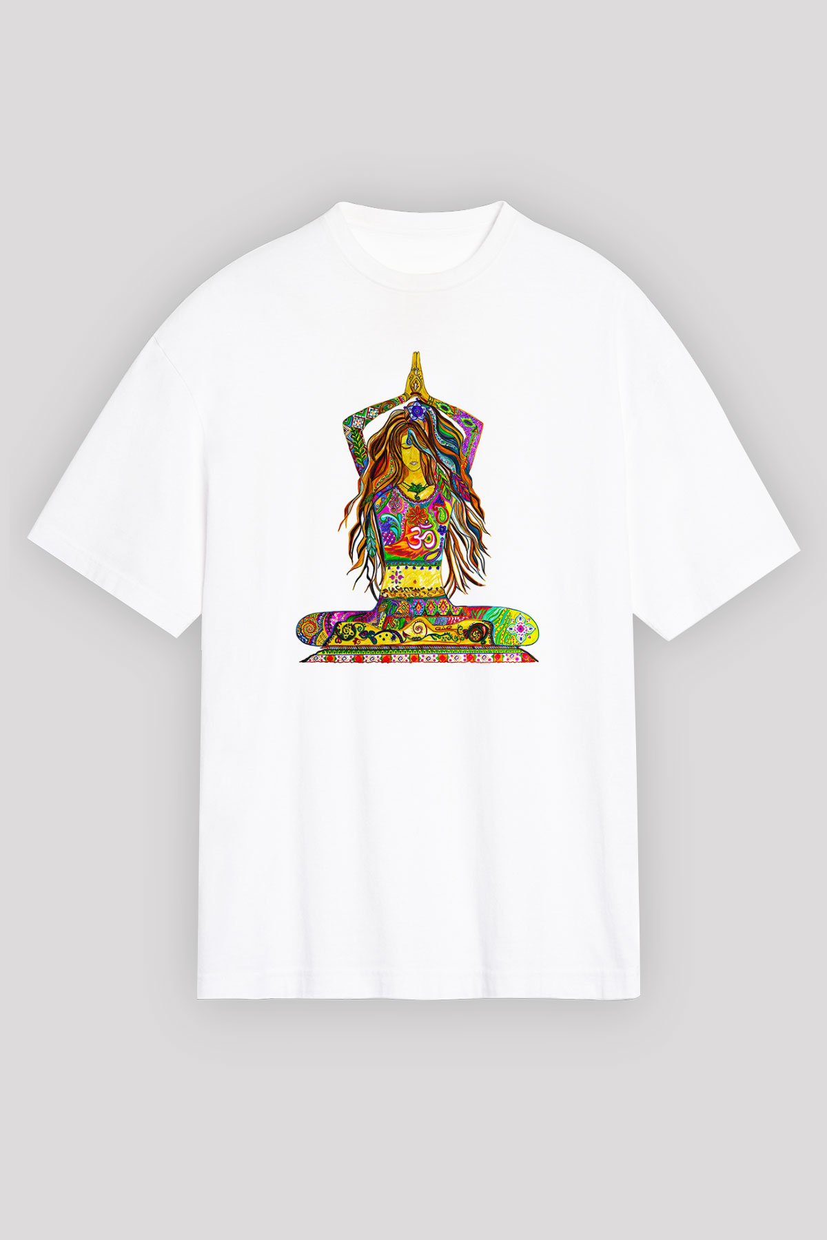 Yoga Baskılı Unisex Beyaz Oversize Tişört - Tshirt