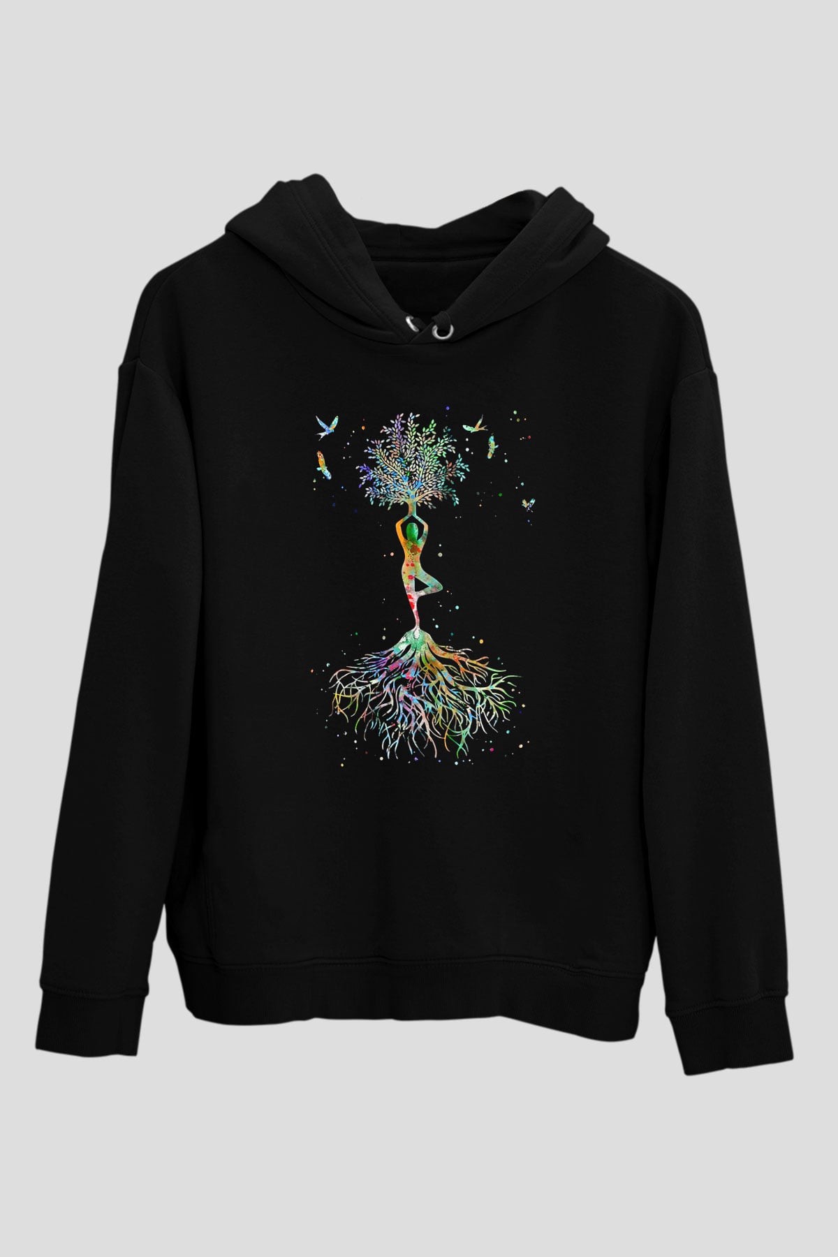 Yoga Baskılı Unisex Siyah Kapüşonlu Sweatshirt