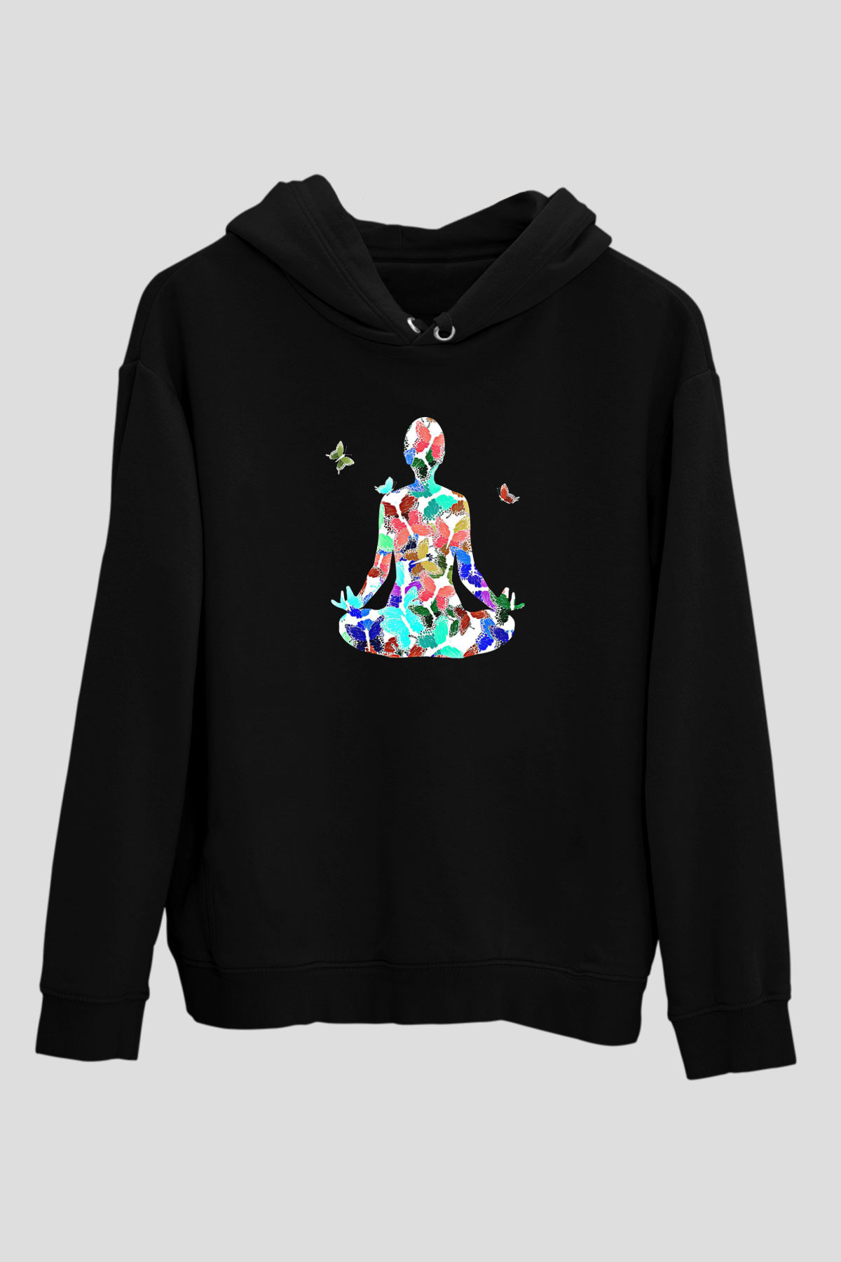 Yoga Baskılı Unisex Siyah Kapüşonlu Sweatshirt