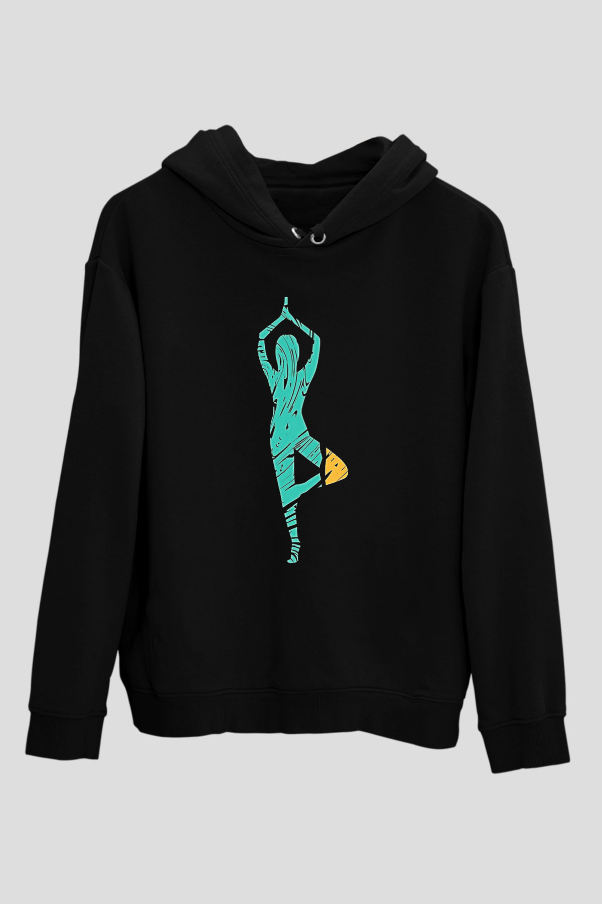 Yoga Baskılı Unisex Siyah Kapüşonlu Sweatshirt