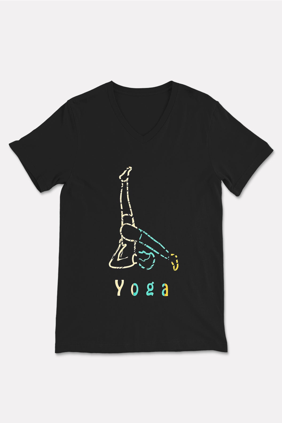 Yoga Baskılı Unisex Siyah V Yaka Tişört