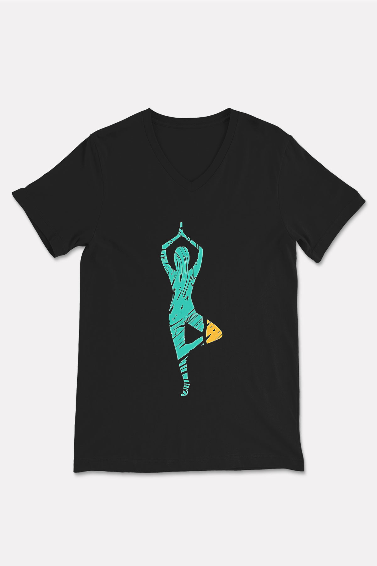 Yoga Baskılı Unisex Siyah V Yaka Tişört