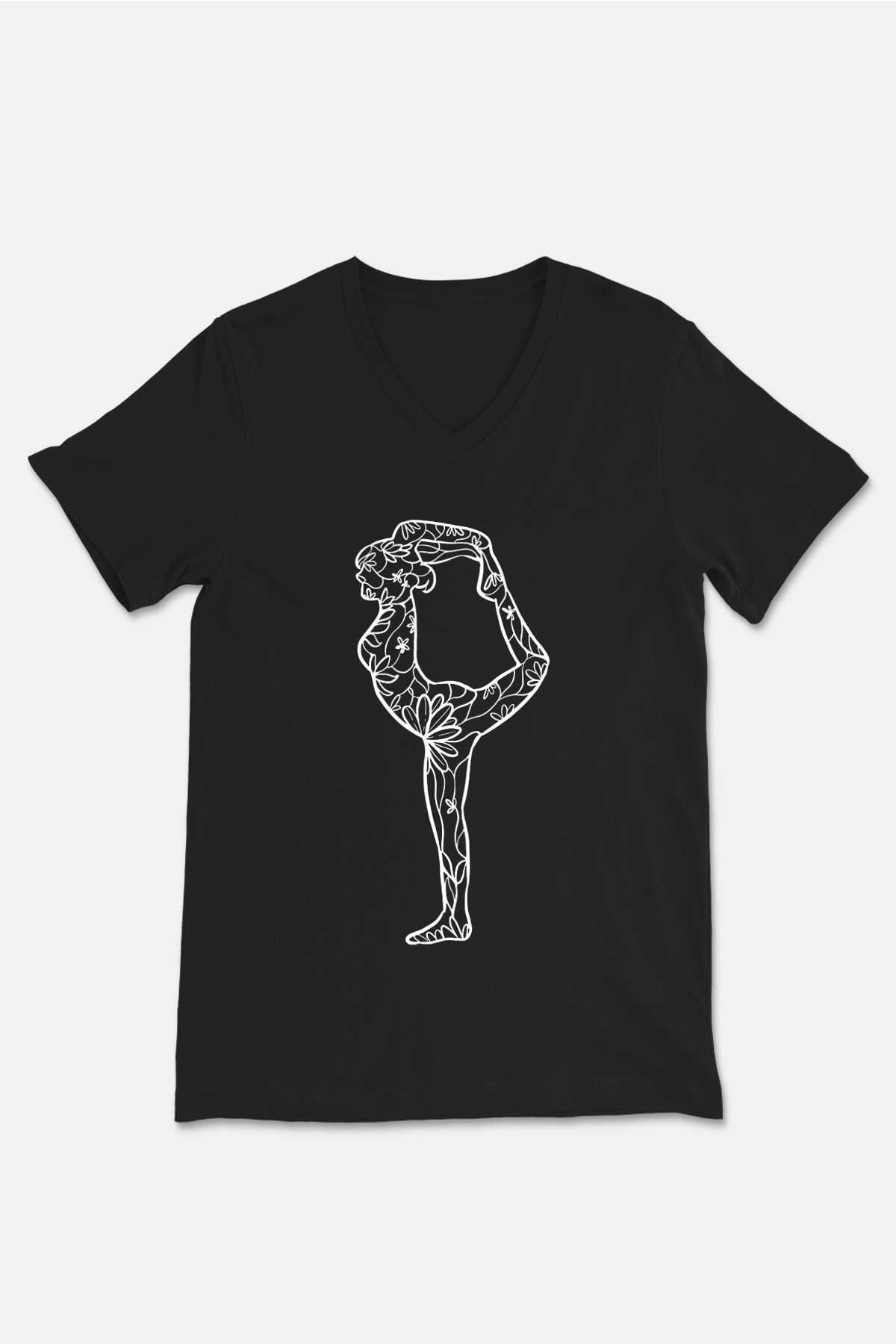 Yoga Baskılı Unisex Siyah V Yaka Tişört