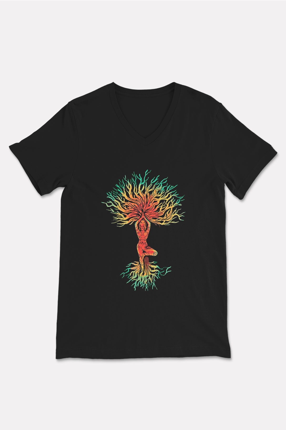 Yoga Baskılı Unisex Siyah V Yaka Tişört