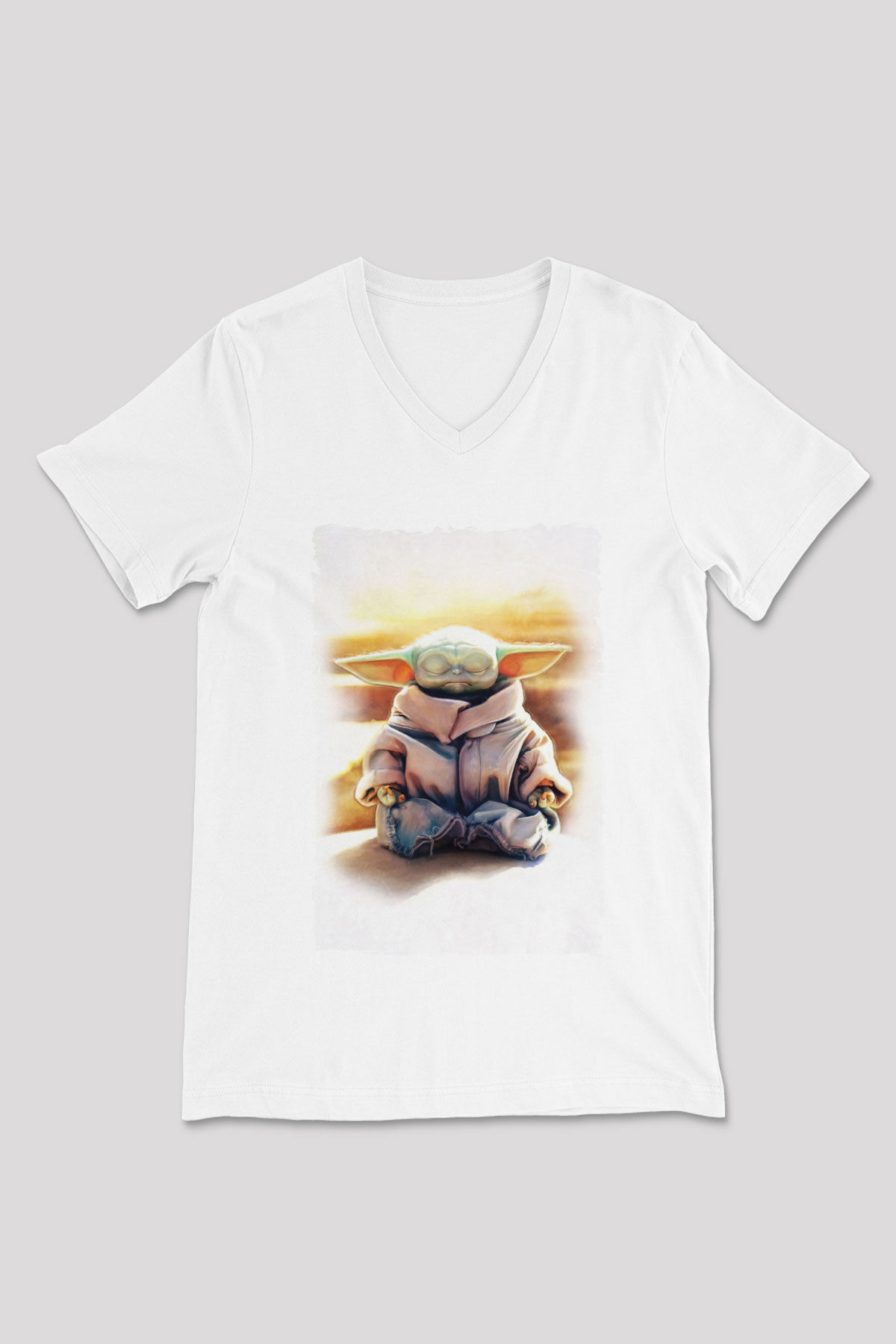 Yoga Yoda Baskılı Unisex Beyaz  V Yaka Tişört