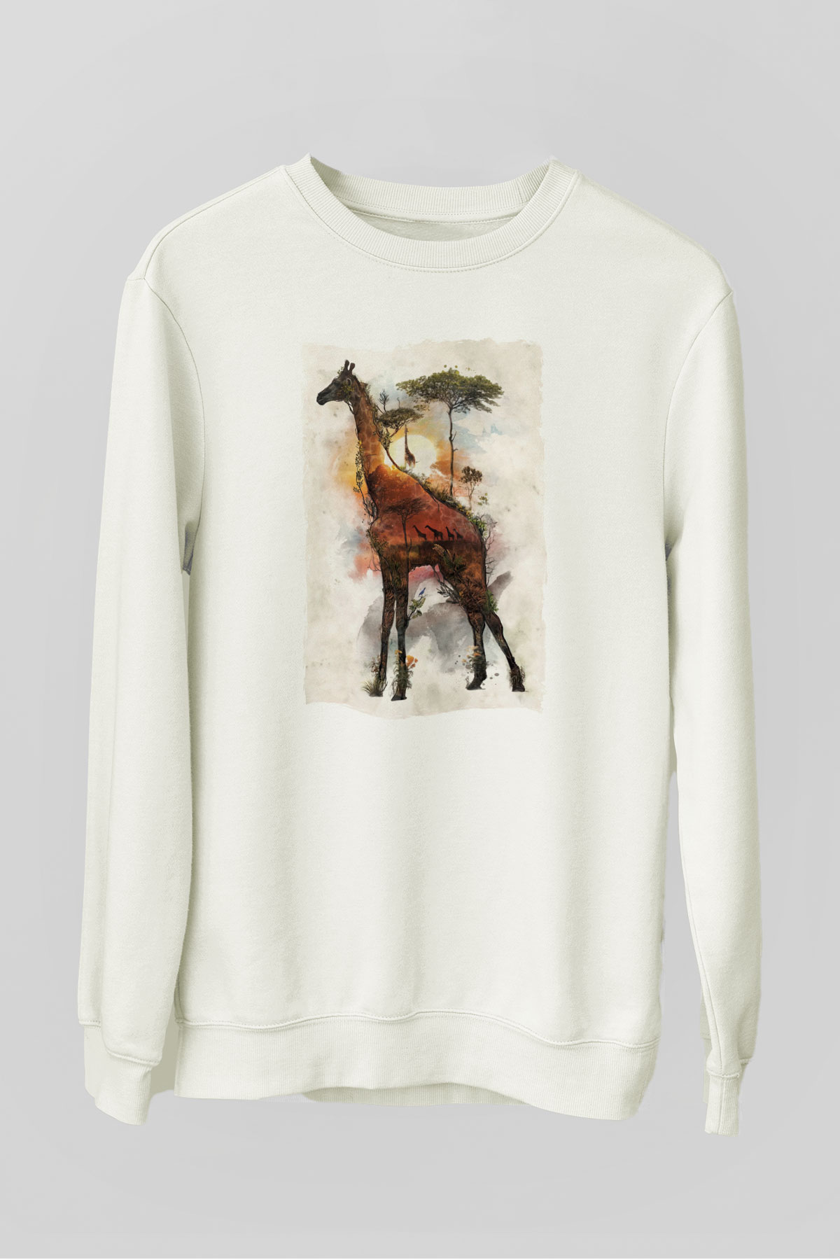 Zürafa Baskılı Unisex Beyaz  Sweatshirt