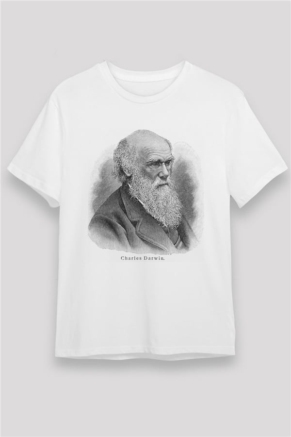 Charles Darwin Portre Baskılı Unisex Beyaz Tişört