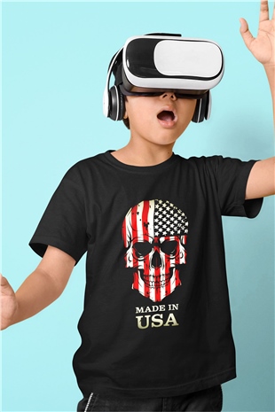 ABD Baskılı Siyah Unisex Çocuk Tişört