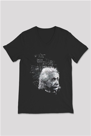 Albert Einstein Kuantum Mekaniği Baskılı Unisex Siyah V Yaka Tişört