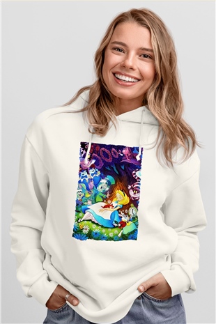 Alice in Wonderland Beyaz Unisex Hoodie