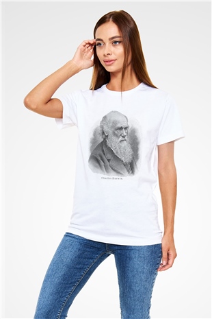 Charles Darwin Portre Baskılı Unisex Beyaz Tişört