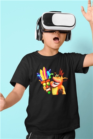 Crash Bandicoot Baskılı Siyah Unisex Çocuk Tişört