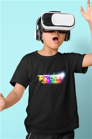 Minecraft Baskılı Siyah Unisex Çocuk Tişört