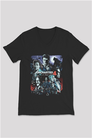 Uncharted Siyah Unisex V Yaka Tişört T-Shirt