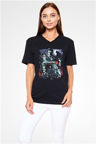 Uncharted Siyah Unisex V Yaka Tişört T-Shirt