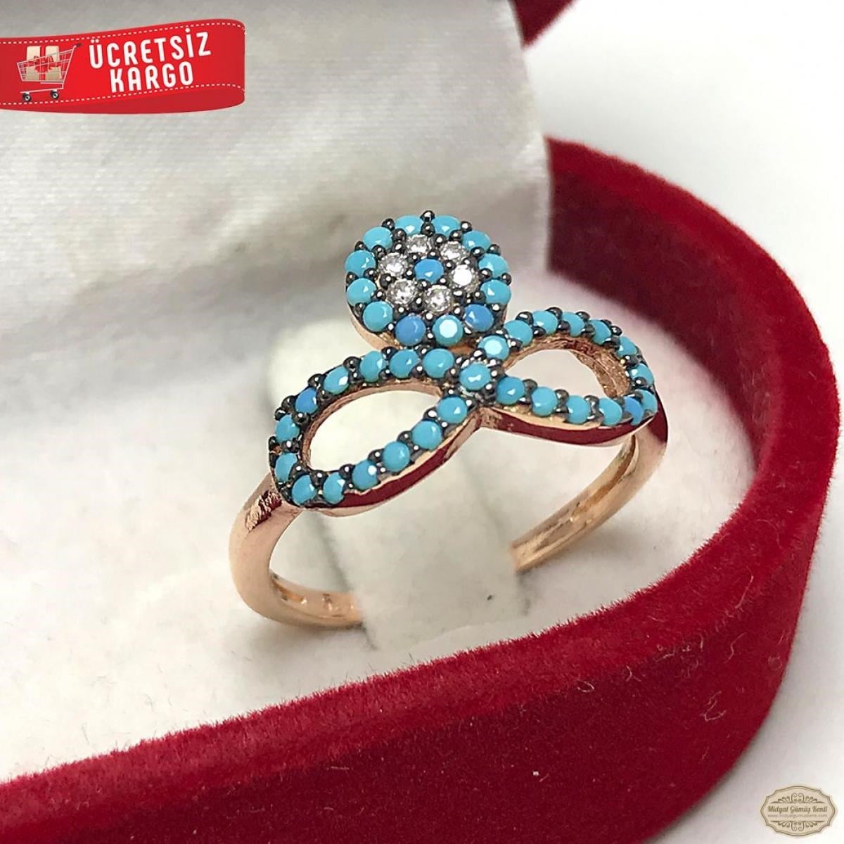 Firuze Taşlı Sonsuzluk Nazar Model Rozlu 925 Ayar Gümüş Yüzük