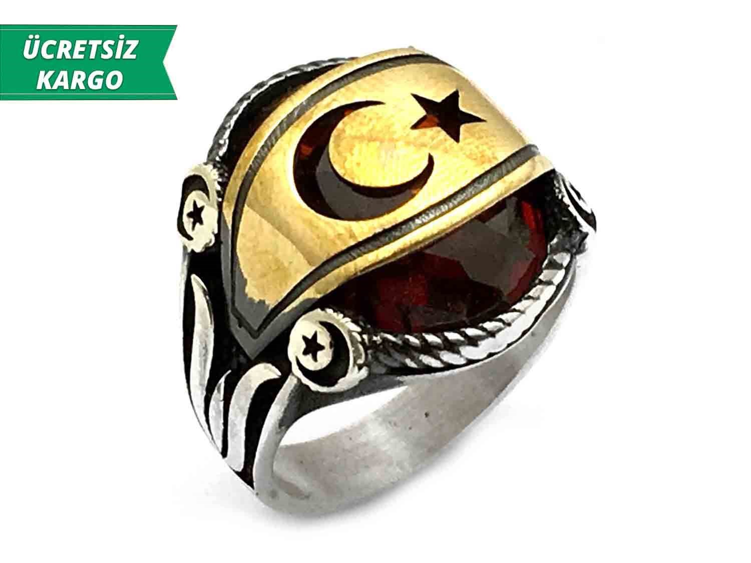 925 Ayar Özel Ayyıldız Tasarım Kırmızı Zirkon Taşlı Erkek Yüzük