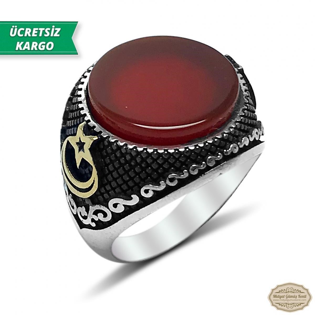 Akik Taşlı Ayyıldız Model 925 Ayar Gümüş Erkek Yüzük