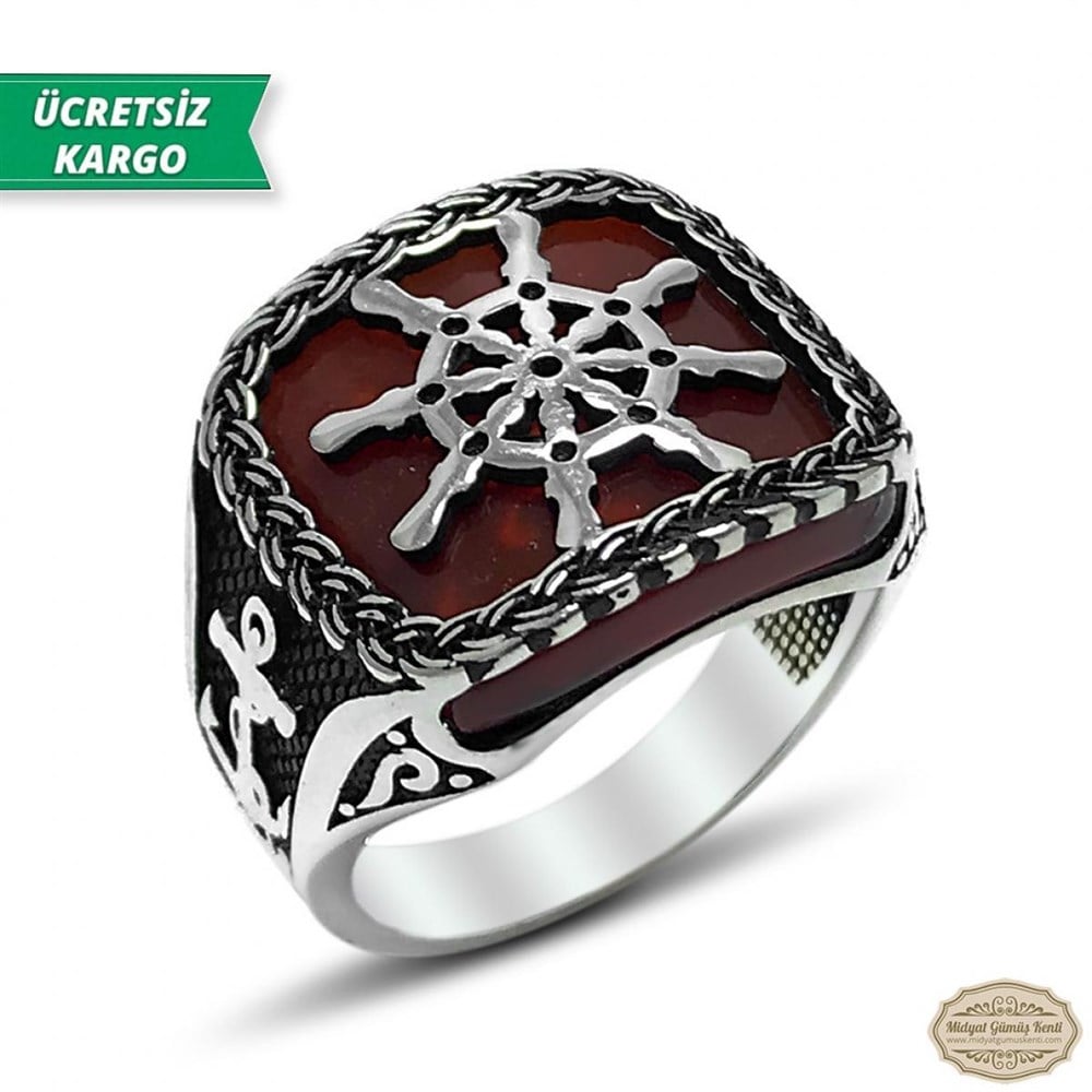 Akik Taşlı Gemi Dümeni İşlemeli 925 Ayar Erkek Gümüş Yüzük