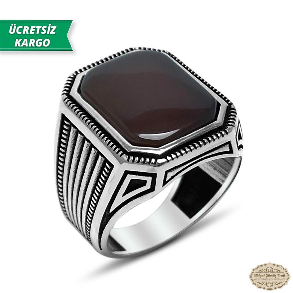 Akik Taşlı Kare Model 925 Ayar Gümüş Erkek Yüzük