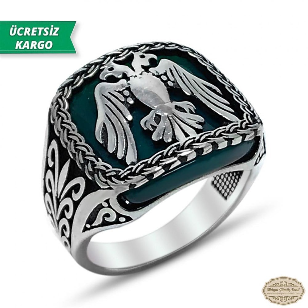 Akik Taşlı Selçuklu Kartal Model 925 Ayar Gümüş Erkek 