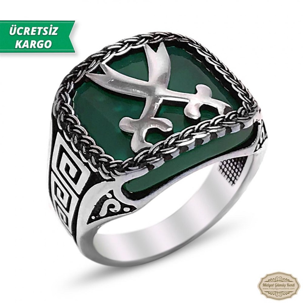 Akik Taşlı Zülfikar İşlemeli 925 Ayar Erkek Gümüş Yüzük