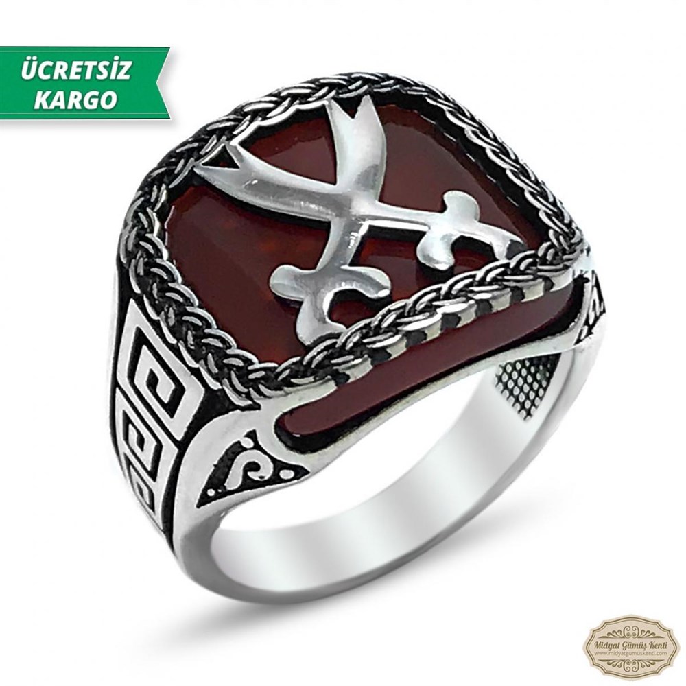 Akik Taşlı Zülfikar İşlemeli 925 Ayar Erkek Gümüş Yüzük