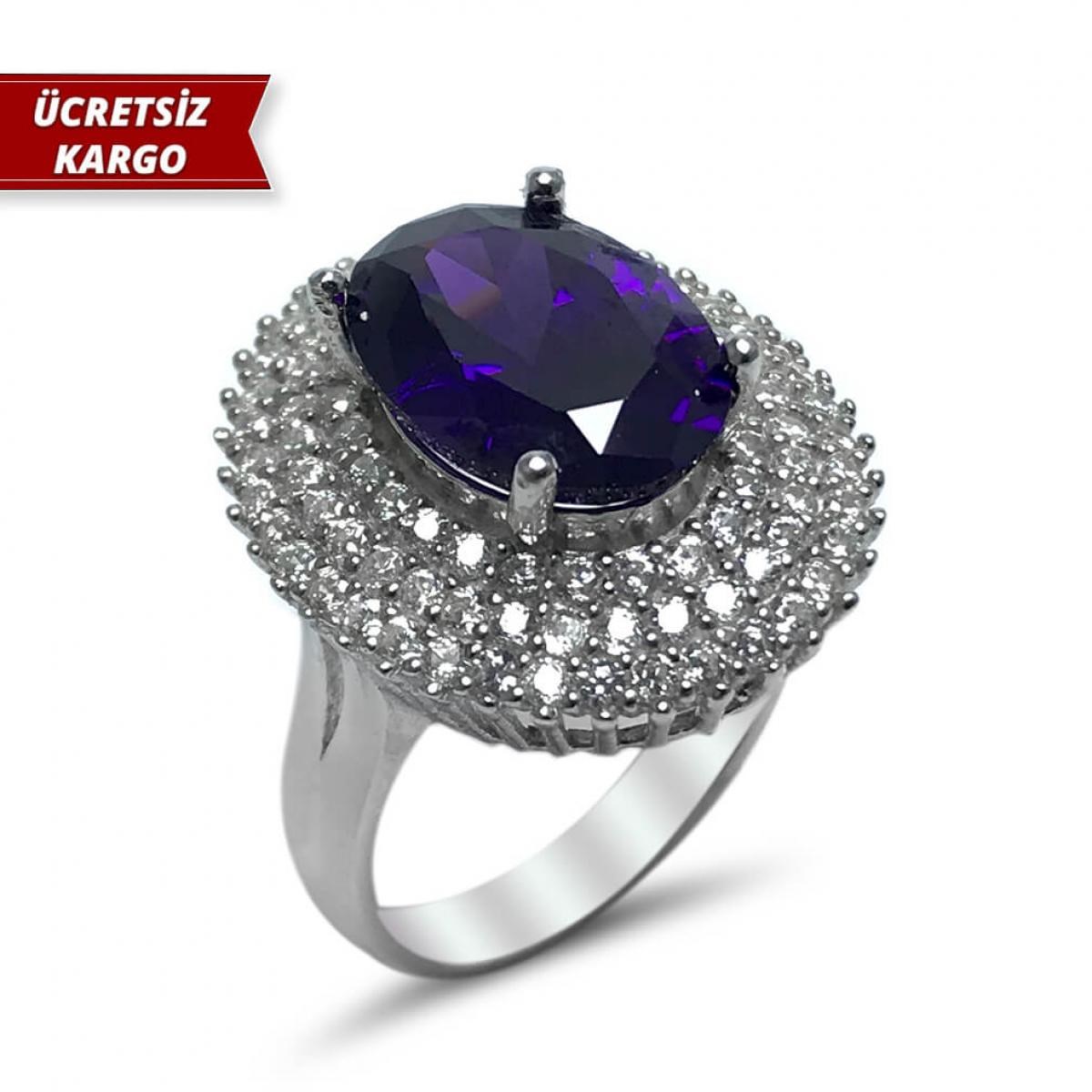 Ametist Taşlı Elips Model Zirkon Gümüş Yüzük