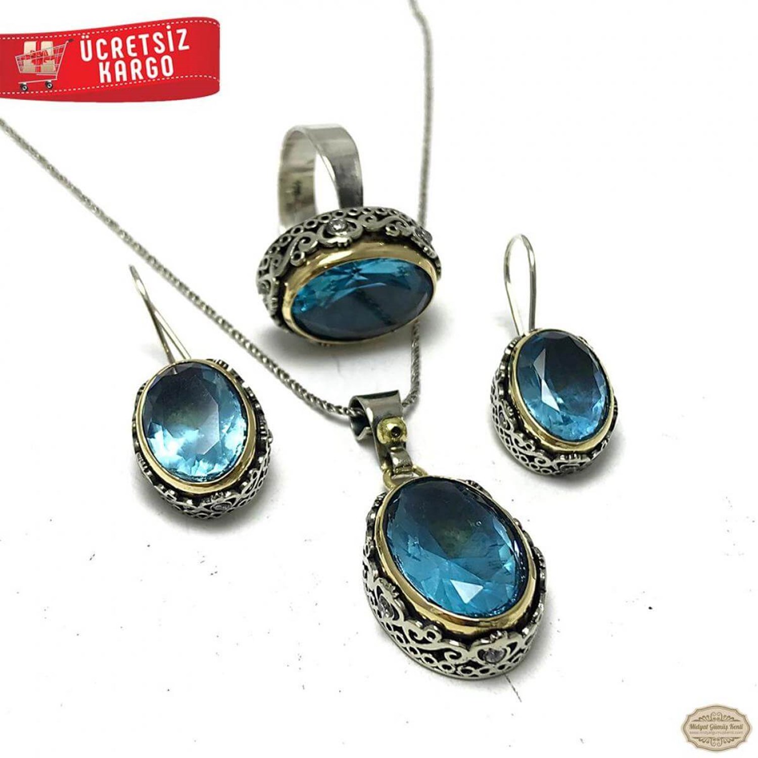 Aquamarin Taşlı Elips Model 925 Ayar Otantik Gümüş Üçlü Set 