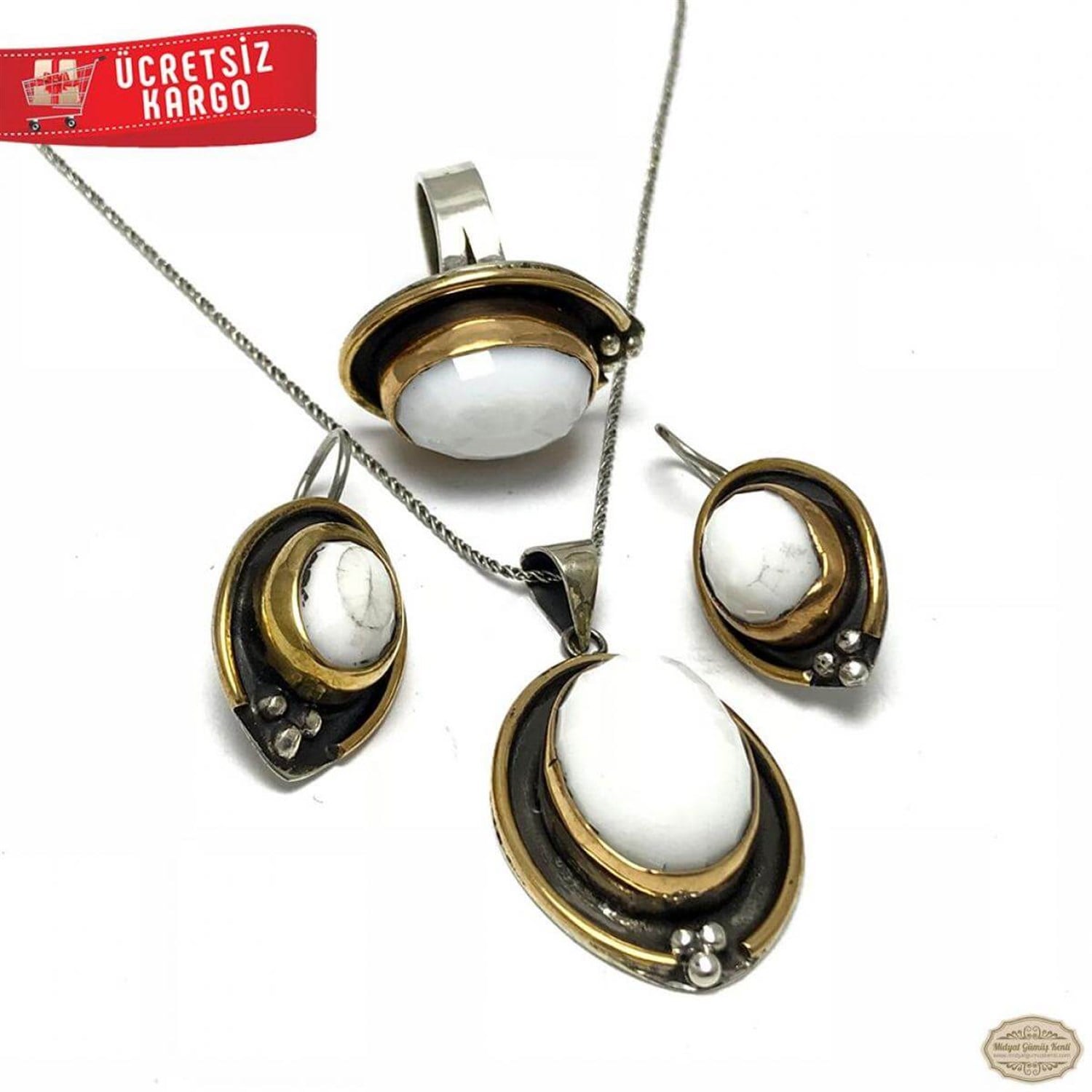 Beyaz Taşlı Mekik Model 925 Ayar Otantik Gümüş Üçlü Set 