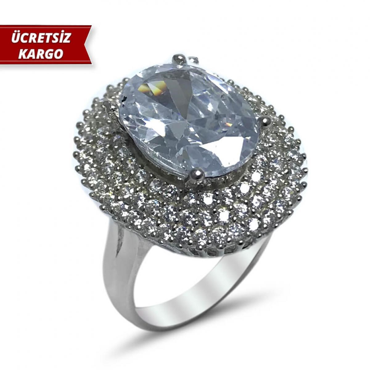 Beyaz Zirkon Taşlı Elips Model Zirkon Gümüş Yüzük