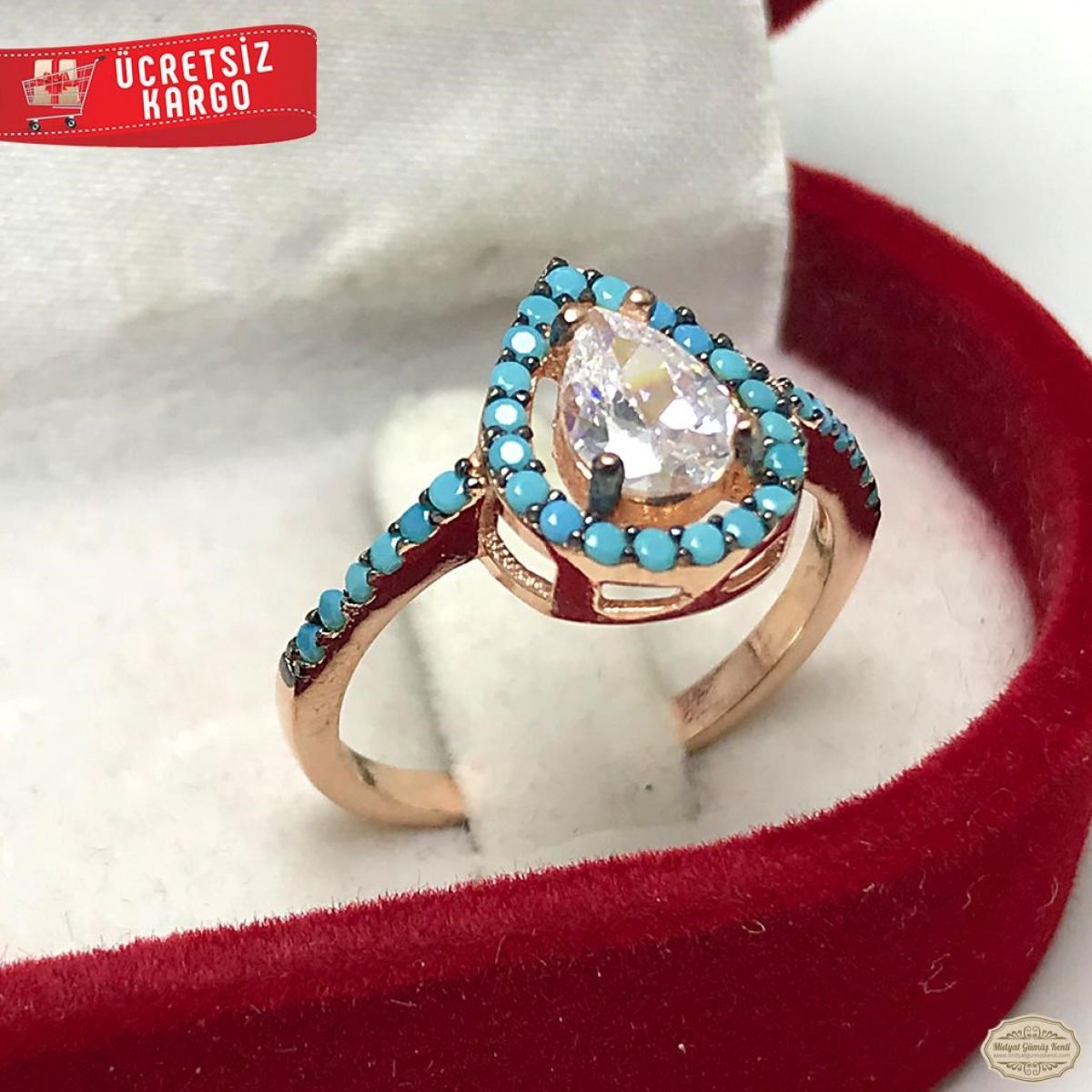 Firuze Taşlı Damla Model Rozlu 925 Ayar Gümüş Yüzük