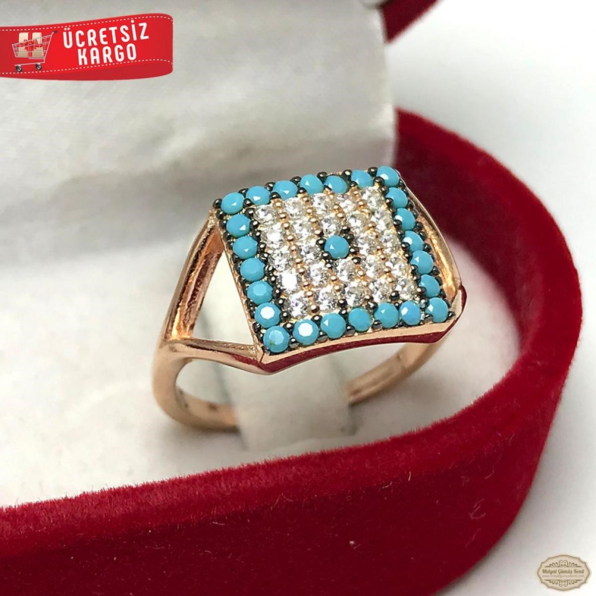 Firuze Taşlı Kare Model Rozlu 925 Ayar Gümüş Yüzük