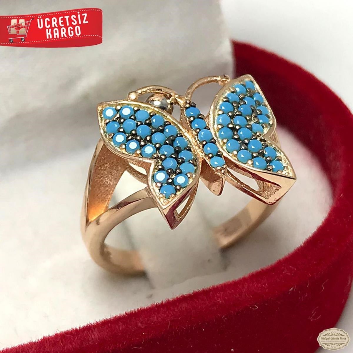 Firuze Taşlı Kelebek Model Rozlu 925 Ayar Gümüş Yüzük 