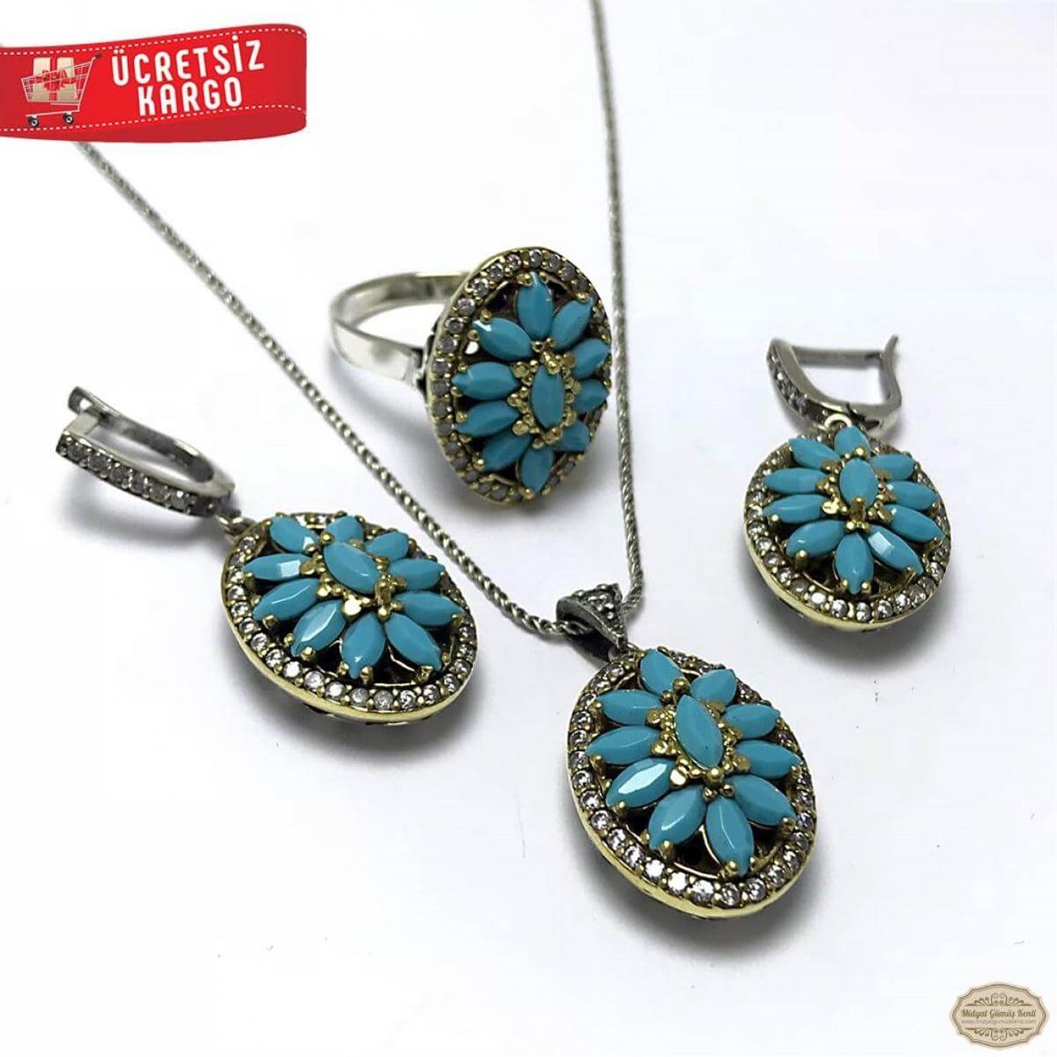 Firuze Taşlı Mekik Model 925 Ayar Otantik Gümüş Üçlü Set 