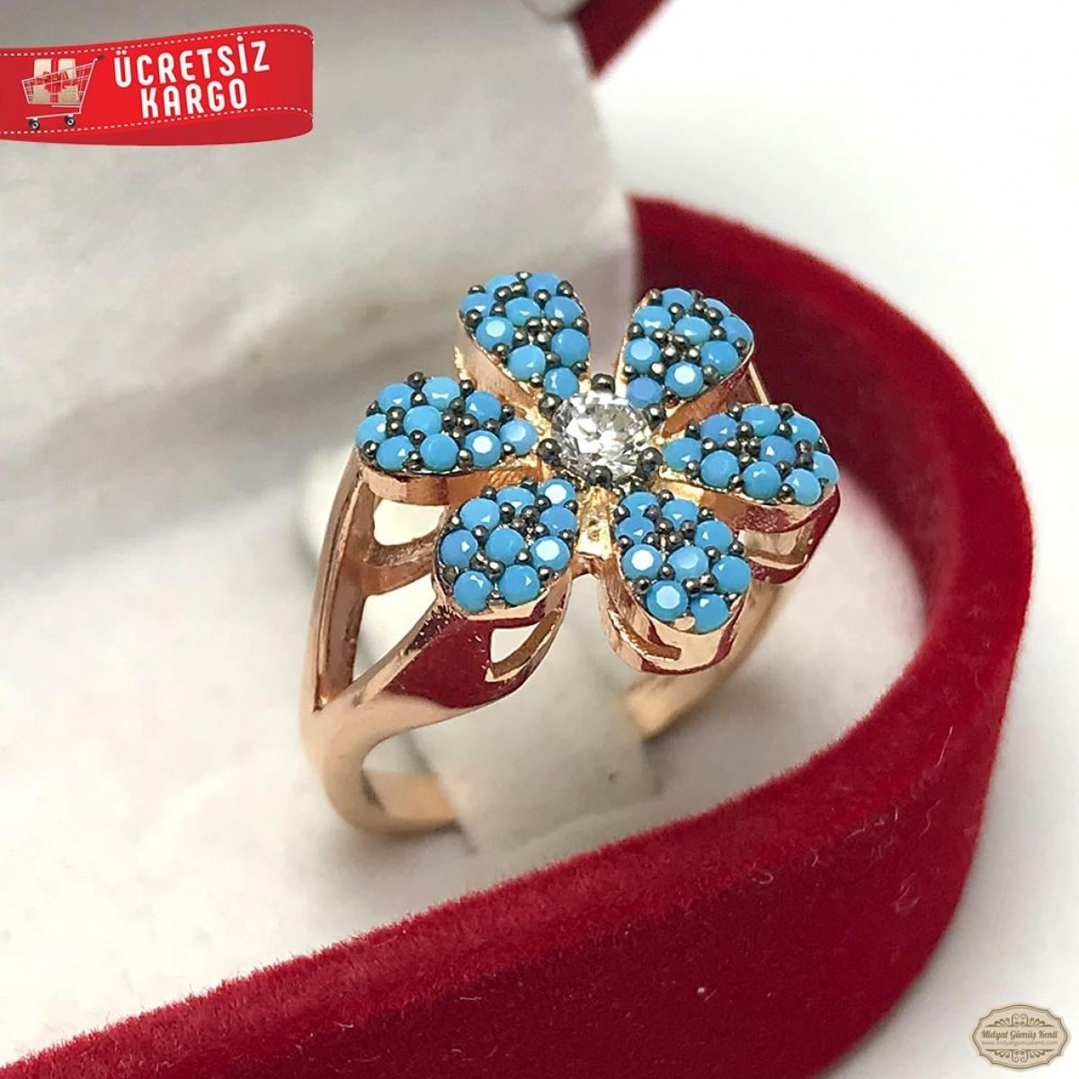 Firuze Taşlı Papatya Model Rozlu 925 Ayar Gümüş Yüzük