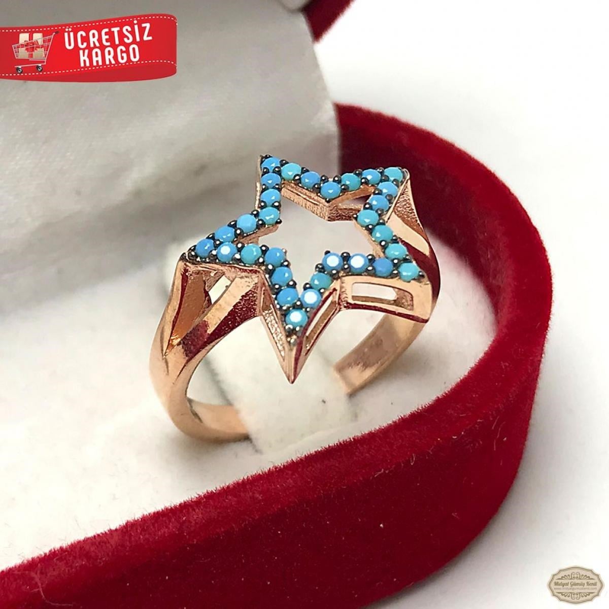 Firuze Taşlı Yıldız Model Rozlu 925 Ayar Gümüş Yüzük