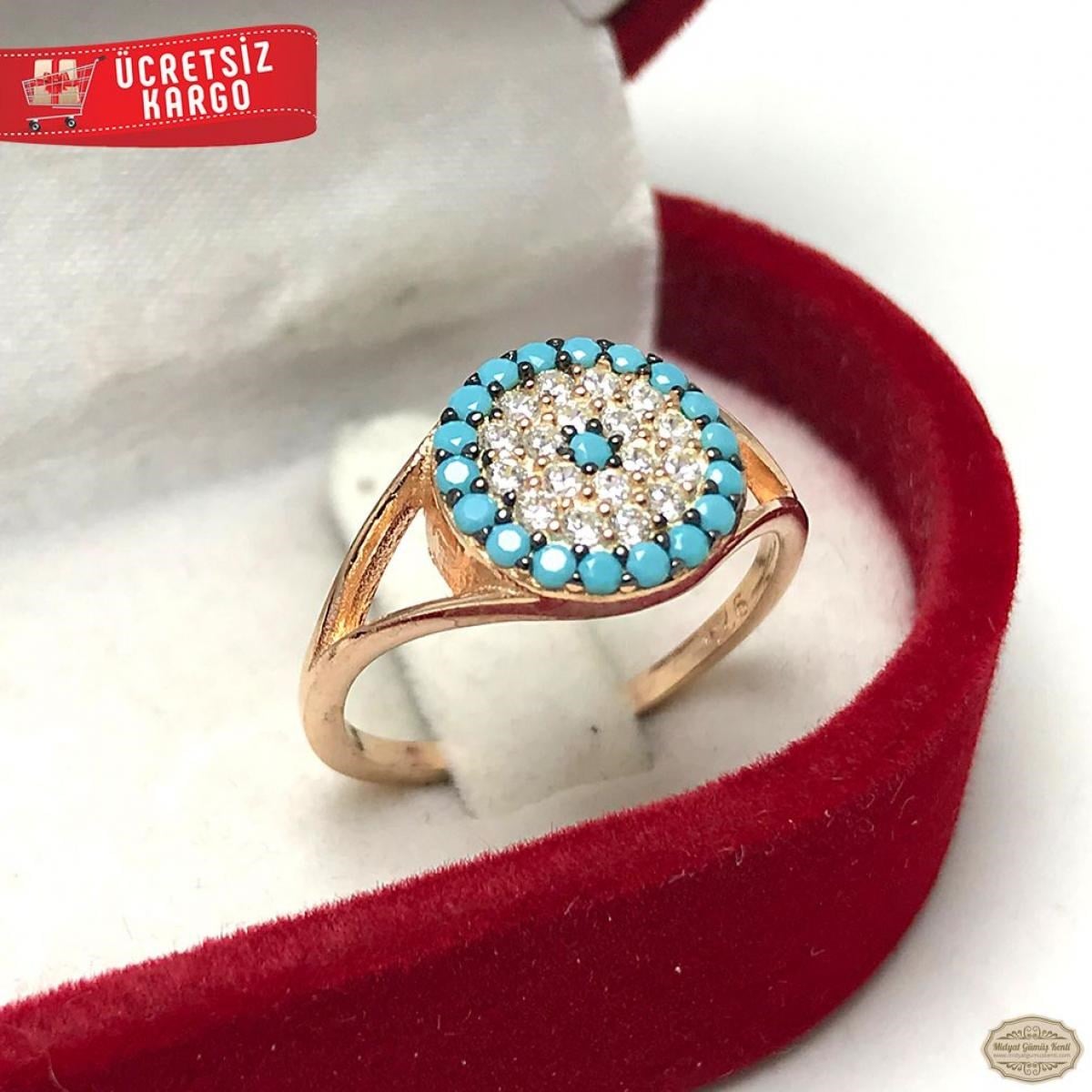 Firuze Taşlı Yuvarlak Model Rozlu 925 Ayar Gümüş Yüzük 