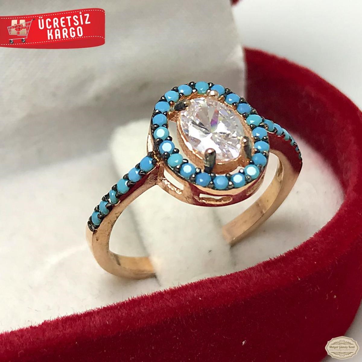 Firuze Ve Beyaz Zirkon Taşlı Elips Model Rozlu 925 Ayar Gümüş Yüzük