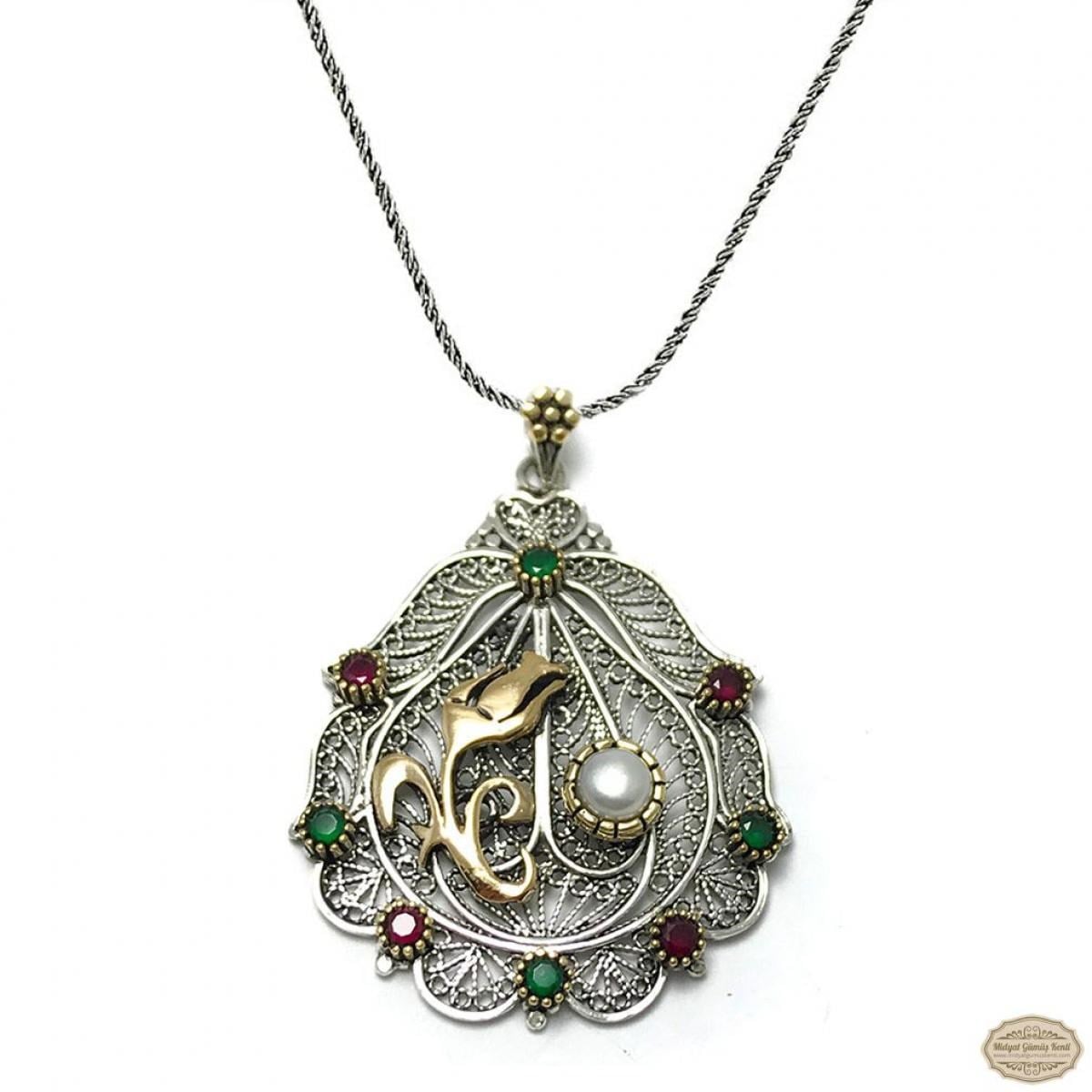 İnci Taşlı Lale Model Oksitli Telkari Gümüş Kolye