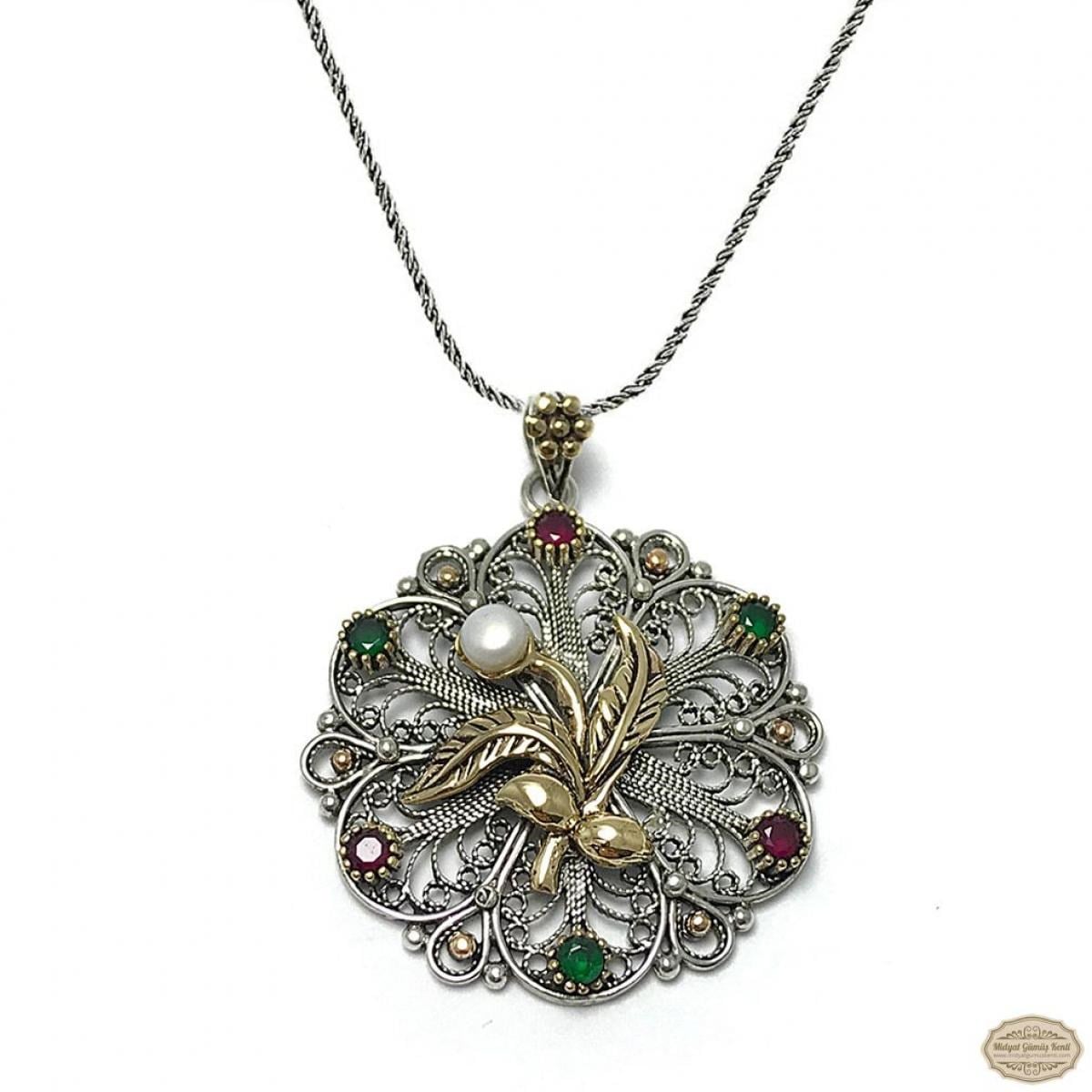 İnci Taşlı Yasemin Model Oksitli Telkari Gümüş Kolye