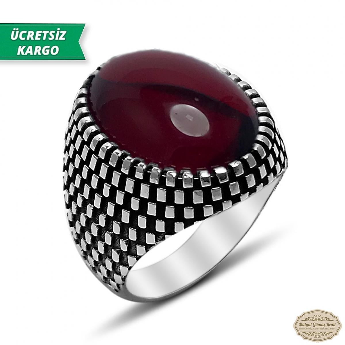 Lal Taşlı Asur Model 925 Ayar Gümüş Erkek Yüzük