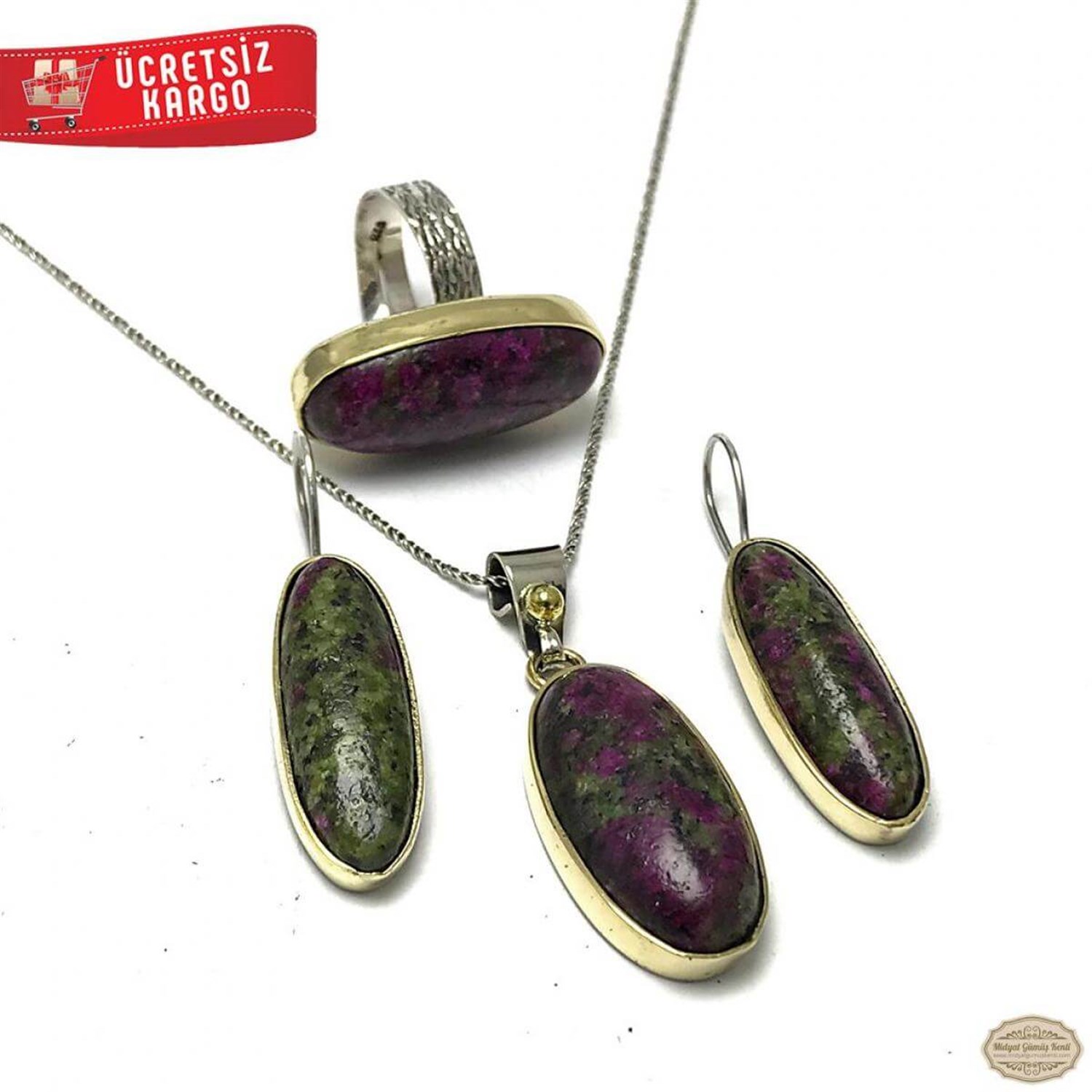 Lapis Taşlı Eski Model 925 Ayar Otantik Gümüş Üçlü Set